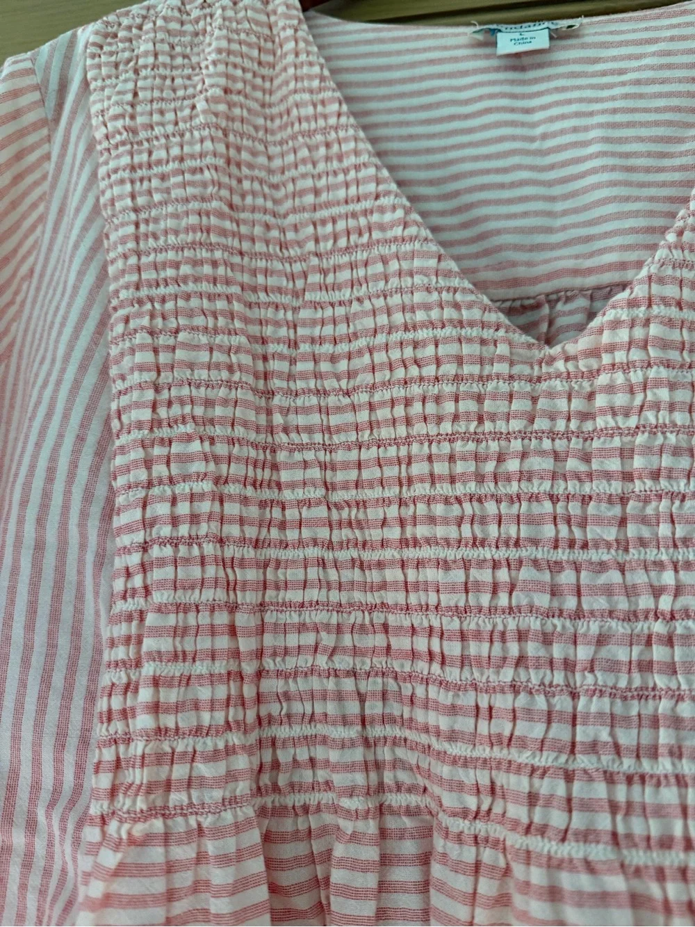 Sundance Julia Pink/Peach White Smocked V-Neck Babydoll Popover Top / LG